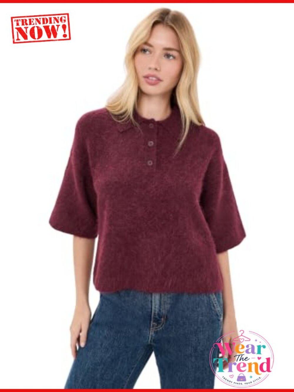 Alpaca Blend Boxy Polo Sweater Elbow Sleeve Partial Button Placket